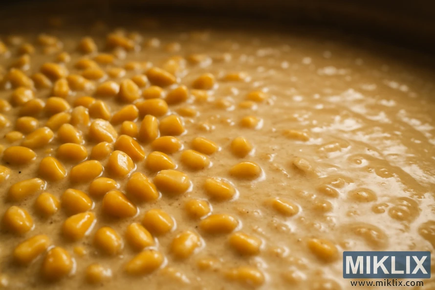 A close-up view of freshly milled corn kernels being incorporated into a traditional beer brewing mash. The golden corn grains are evenly dispersed throughout the thick, viscous mash, their distinct shapes and textures contrasting with the smooth, creamy consistency of the barley-based liquid. The mash is illuminated by warm, diffused lighting, casting a soft, natural glow that highlights the intricate details of the corn and the subtle hues of the mash. The camera angle is low, providing an immersive perspective that draws the viewer into the tactile, sensory experience of the mashing process. The overall mood is one of artisanal craftsmanship and the comforting aroma of a time-honored brewing tradition.