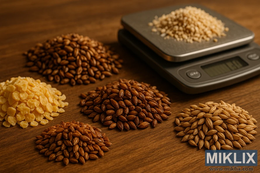A close-up view of a grain bill, neatly arranged on a wooden surface. The grains are illuminated by soft, warm lighting, casting subtle shadows and highlighting their distinct textures and colors. In the foreground, various malts and adjuncts such as flaked corn, crystal malt, and pale malt are prominently displayed, each with its own unique hue and shape. The middle ground features a digital scale, precisely measuring the proportions of the grains, emphasizing the importance of accurate measurements in the brewing process. The background is slightly blurred, creating a sense of depth and focus on the central elements. The overall composition conveys a sense of precision, attention to detail, and the crucial role of the grain bill in crafting a well-balanced and flavorful beer.