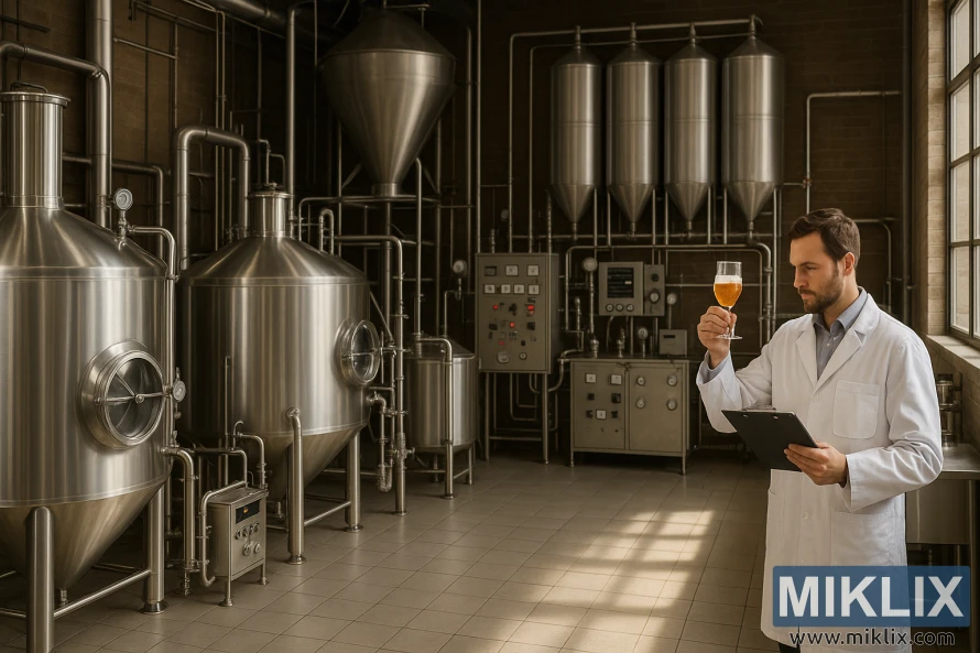 A commercial brewery interior with gleaming stainless steel fermentation tanks, mash tuns, and kettles. The equipment is arranged in a clean, organized layout with ample workspace. Diffused natural light streams through large windows, casting a warm glow on the polished surfaces. In the foreground, a brewmaster in a crisp white lab coat examines a sample, clipboard in hand. The middle ground features an array of control panels, valves, and monitoring instruments. In the background, a towering grain mill and a wall of hop pellet storage silos. The overall atmosphere conveys a sense of precision, efficiency, and technological sophistication befitting a modern commercial brewing operation.