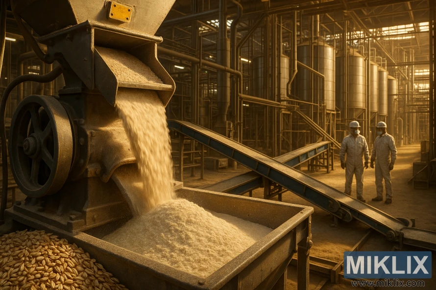 A large industrial oat mill, bathed in warm, golden light. In the foreground, detailed machinery grinds and processes whole oat grains, their husks cascading like a natural waterfall. In the middle ground, conveyor belts transport the milled oat flour to storage silos, while workers in protective gear monitor the process. The background reveals the expansive, modern facility, with towering steel structures and pipes running overhead. The scene conveys the precise, efficient nature of the oat milling operation, essential for preparing high-quality oat adjuncts for beer brewing.