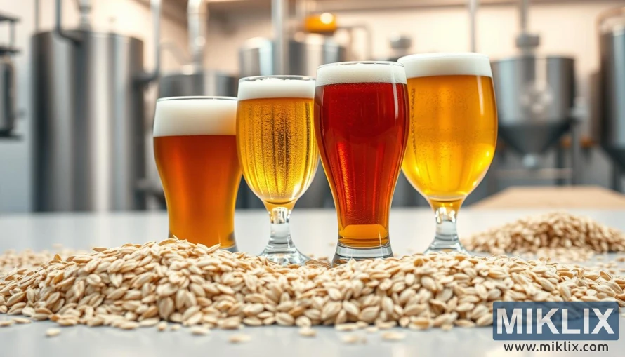 A detailed, high-resolution, photorealistic image of different varieties of oats, with their impacts on beer flavor and aroma depicted in the foreground. The oats should be showcased in a well-lit, clean, and minimalist setting, with a soft, warm lighting creating a mellow, inviting atmosphere. In the middle ground, there should be various beer glasses filled with different beer styles, each showcasing the distinct aroma and flavor profiles imparted by the corresponding oat varieties. The background should feature a blurred, out-of-focus representation of a modern brewery or laboratory setting, conveying a sense of scientific inquiry and experimentation. The overall composition should be balanced, visually striking, and effectively communicate the impact of oat varieties on beer characteristics.