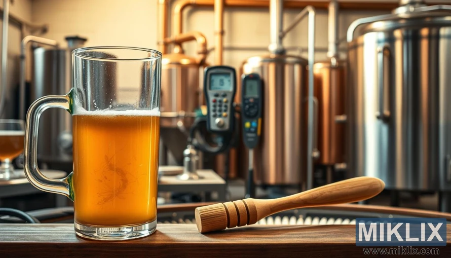 A cross-section view of a traditional beta-glucan rest mashing technique for brewing oat-based beers. In the foreground, a glass vessel filled with a thick, golden-hued wort, gently simmering at an optimal temperature. Suspended within, a delicate network of oat beta-glucans, the key to achieving a smooth, creamy mouthfeel. The middle ground showcases an array of artisanal brewing equipment - a thermometer, pH meter, and a wooden mash paddle, all poised to precisely monitor and manipulate the mash. In the background, a dimly lit brewhouse, with copper brewkettles and gleaming stainless steel fermentation tanks, creating an atmosphere of craftsmanship and attention to detail. Soft, warm lighting casts a gentle glow, emphasizing the care and precision required for this traditional mashing technique.