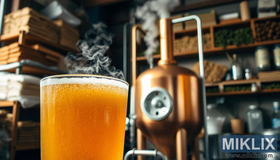 Uma visão em close-up do processo de fabricação de cerveja, mostrando o uso do açúcar candi como adjuvante. Em primeiro plano, um recipiente de vidro cheio de um líquido dourado, borbulhando suavemente enquanto a levedura fermenta os açúcares. No centro, uma chaleira de cobre com vapor subindo, sugerindo as etapas de aquecimento e evaporação. Ao fundo, prateleiras forradas com diversos grãos, lúpulos e outros equipamentos de fabricação de cerveja, criam a sensação de uma cervejaria tradicional e bem equipada. A iluminação é quente e natural, criando uma atmosfera aconchegante e artesanal. A cena geral transmite o cuidado e o artesanato envolvidos no uso do açúcar candi para realçar o sabor e o caráter da cerveja.