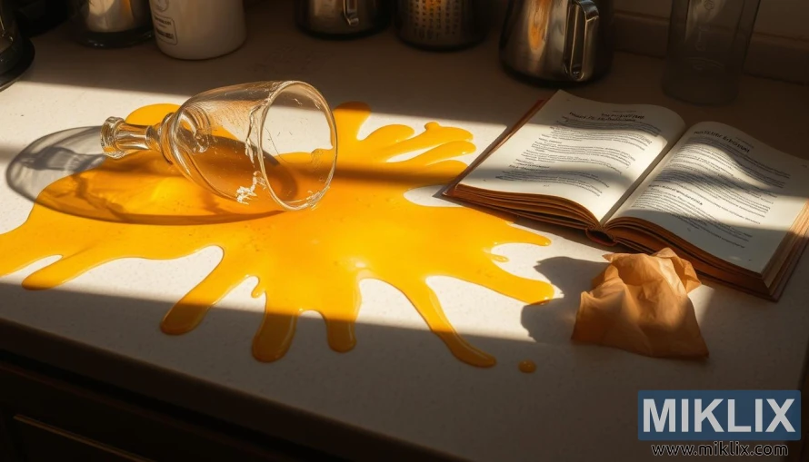 Um balcão de cozinha desorganizado, projetando sombras suaves sob a iluminação quente do teto. Na superfície, um recipiente de vidro quebrado jaz em meio a açúcar candi dourado derramado. Rastros do líquido viscoso se espalham pelo balcão, acumulando-se em padrões irregulares. Ao lado da bagunça, um manual de fabricação de cerveja desgastado pelo tempo está aberto, com suas páginas esvoaçando suavemente. A cena transmite uma sensação de frustração e uma lição aprendida da maneira mais difícil, um conto de advertência sobre os perigos do manuseio descuidado do açúcar candi durante o processo de fabricação.