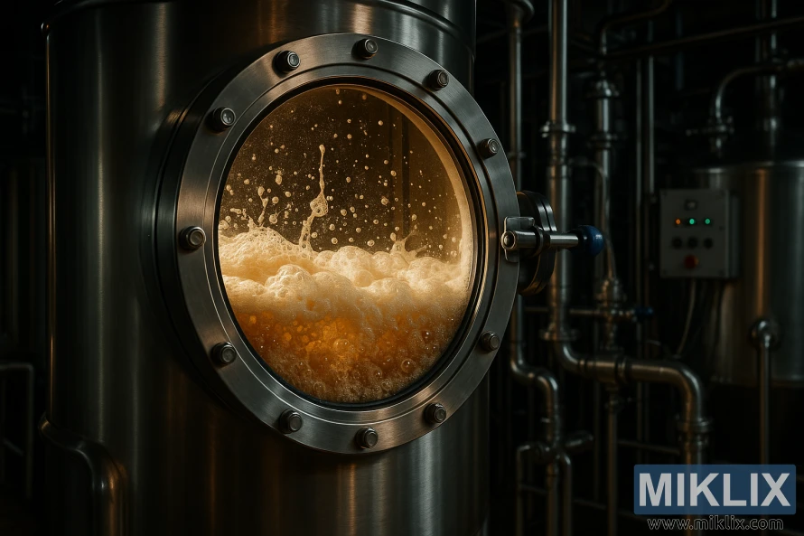 A fermentation process in a brewery, showing a stainless steel fermentation tank with a clear glass viewing window, revealing the active fermentation process within, with visible bubbles and foam. The tank is illuminated from the side, casting dramatic shadows and highlights. The background features other brewery equipment, such as pipes, valves, and control panels, creating an industrial, yet sophisticated atmosphere. The overall scene conveys the scientific and technical nature of the beer fermentation process, as well as the artistry and precision involved in producing high-quality craft beer using Fermentis SafAle T-58 yeast.
