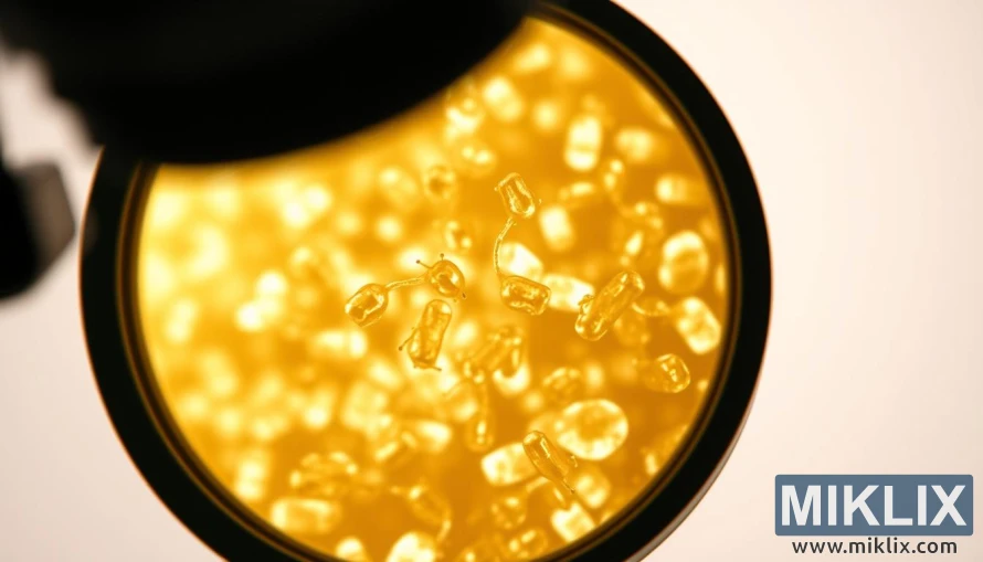 A high-quality close-up photograph of Fermentis SafAle T-58 yeast cells under a professional microscope lens. The image is sharply focused, with a shallow depth of field that highlights the intricate cellular structure of the yeast. The lighting is soft and diffused, casting subtle shadows that accentuate the three-dimensional form of the yeast. The background is a neutral, out-of-focus blur, keeping the viewer's attention on the technical details of the yeast. The overall mood is one of scientific precision and attention to detail, befitting the technical nature of the subject matter.