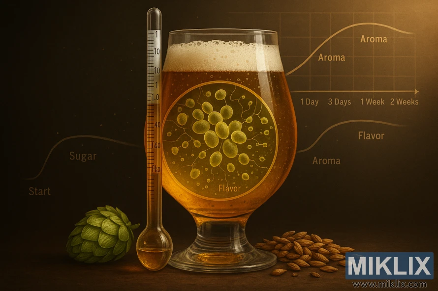 A cross-section of a glass filled with a golden-hued ale, showcasing the complex flavor profile development. In the foreground, a hydrometer measures the specific gravity, while hops and malted barley sit adjacent, hinting at the brewing process. The middle ground features a microscopic view of the active yeast, with its cellular structure and metabolic pathways on display. In the background, a stylized timeline depicts the stages of fermentation, illustrating the gradual transformation of sugars into a harmonious blend of aromas and flavors. Warm, diffused lighting casts a soft, contemplative glow, evoking the art and science of crafting a flavorful, well-balanced beer.