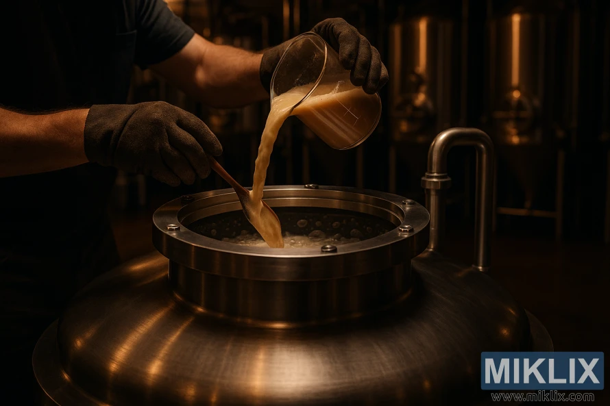A stainless steel brewhouse, dimly lit with warm, ambient lighting. In the foreground, a brewer carefully pours a thick, creamy yeast slurry into a fermentation vessel, the liquid swirling and cascading as it hits the surface. The middle ground reveals the fermentation vessel, its transparent walls allowing a glimpse of the active yeast cells beginning their work. In the background, a row of filled fermentation tanks stand ready, each one a testament to the precise art of pitching yeast. The scene exudes a sense of focused attention, the brewer's movements measured and deliberate, as they guide the living culture into its new home, ready to transform the wort into flavorful, aromatic beer.