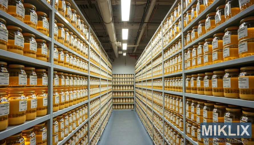 A well-lit, expansive storage room with orderly shelves of glass jars containing various strains of yeast. The jars are neatly labeled, arranged in a precise grid pattern. The room is temperature-controlled, with a subtle hum of climate-regulating equipment. Soft, even lighting casts a warm glow, highlighting the pristine, sterile environment. The shelves extend into the distance, conveying a sense of the careful curation and preservation of these essential brewing ingredients. The overall atmosphere is one of meticulous organization and attention to detail, crucial for maintaining the viability and quality of the yeast cultures.