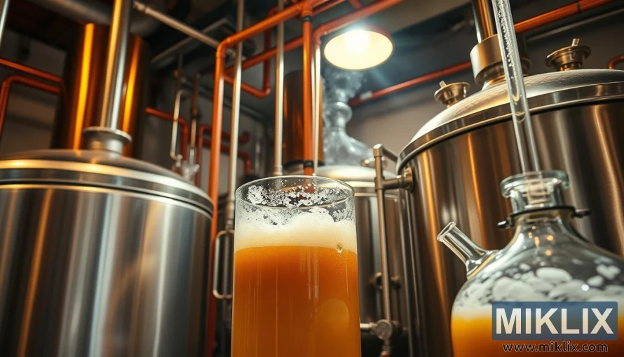 A professional brewing setup with fermentation tanks, copper piping, and glass carboys, illuminated by warm overhead lighting, capturing the process of beer fermentation using Fermentis SafAle S-04 yeast, showcasing the fizzing and bubbling of the active fermentation, with a focus on the liquid and foam in the transparent fermentation vessels, creating a detailed and realistic scene.