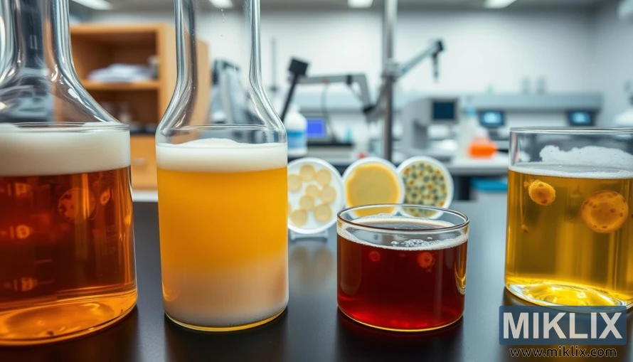 A comparative study of Fermentis SafAle S-04 ale yeast against other prominent ale yeast strains. In the foreground, glass laboratory beakers filled with active yeast fermentations, each with distinct foam patterns and colors. In the middle ground, a series of Petri dishes displaying the diverse colony morphologies of the yeasts. In the background, a clean, well-lit workspace with scientific equipment, creating a professional, analytical atmosphere. Crisp, high-resolution imagery captured with a macro lens, emphasizing the intricate details of the yeast cells and colonies. The scene conveys a sense of scientific inquiry and a meticulous examination of these crucial beer fermentation microorganisms.