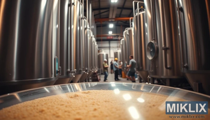 A large commercial brewing facility, with stainless steel fermentation tanks lining the walls. The foreground features a close-up view of one of the tanks, with a clear view of the S-04 yeast sediment at the bottom. Soft, warm lighting illuminates the scene, casting a cozy, industrial atmosphere. The middle ground showcases the bustling activity of brewery workers monitoring the fermentation process, their movements captured in a dynamic, yet precise manner. The background fades into the shadows, hinting at the scale and complexity of the commercial brewing operation. The overall composition conveys the precision, control, and expertise required to leverage the properties of Fermentis SafAle S-04 yeast in a large-scale commercial setting.