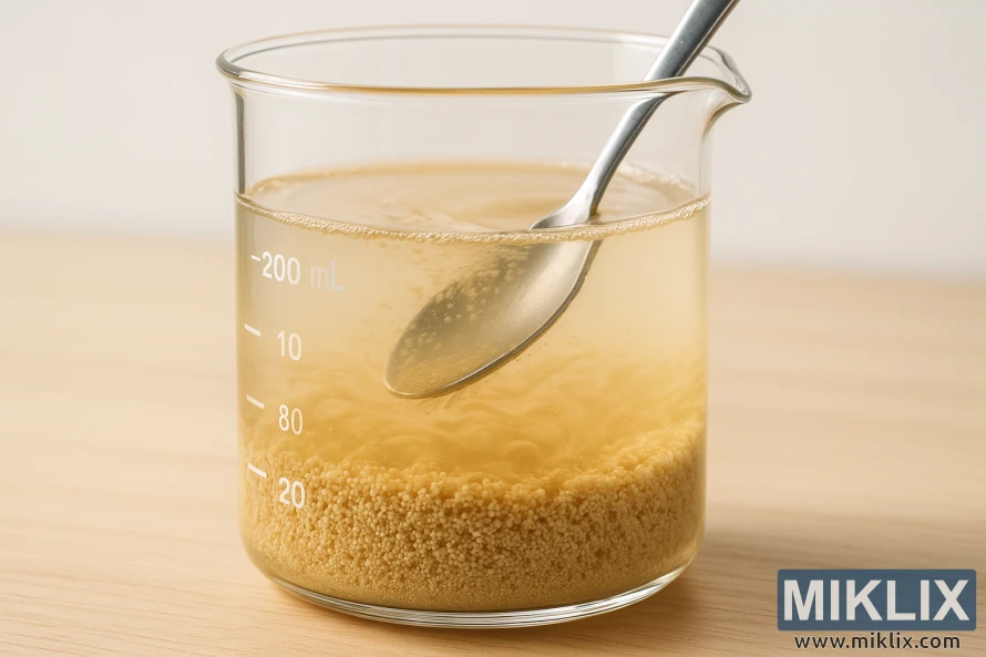 A clear glass beaker filled with water. Yeast granules slowly rehydrating, expanding in the liquid. A spoon carefully stirring the mixture, creating swirling patterns. Soft, diffused lighting from above, highlighting the organic textures. Shallow depth of field, drawing the eye to the crucial rehydration process. Crisp, high-resolution details capture the scientific precision required for proper yeast preparation. An atmosphere of patient care and attention to detail, essential for successful beer fermentation.