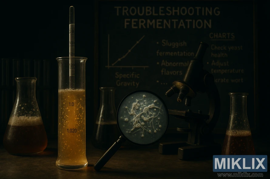 A dimly lit laboratory setting, beakers and test tubes filled with a variety of bubbling, fermenting liquids. In the foreground, a hydrometer measures the specific gravity of a sample, indicating a stalled or sluggish fermentation. The middle ground features a microscope, revealing yeast cells under distress, with a tangle of hyphae and clumps of dead cells. In the background, a weathered chalkboard displays fermentation charts and troubleshooting tips, casting an ominous shadow across the scene. Shadows and moody lighting create a sense of tension and uncertainty, reflecting the challenges of troubleshooting fermentation issues.