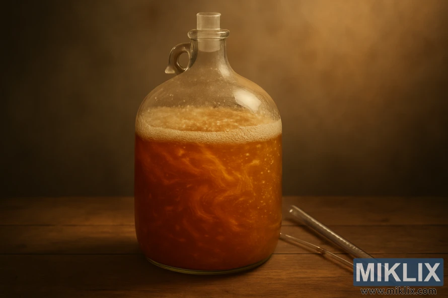 A glass carboy filled with a bubbly, amber-colored liquid, illuminated by a soft, warm light that casts a hazy glow. The liquid swirls and churns, showcasing the active fermentation process, with tiny bubbles rising to the surface. The carboy is placed on a wooden surface, surrounded by brewing equipment, such as a hydrometer and a thermometer, hinting at the scientific precision involved in the fermentation of Fermentis SafAle BE-256 yeast. The overall atmosphere is one of a controlled, yet dynamic, process, where the interplay of science and nature is beautifully captured.