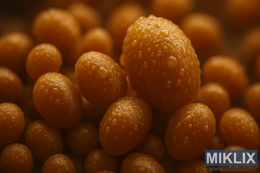 A close-up view of wet, glistening Saccharomyces cerevisiae yeast cells, magnified to reveal their intricate structures. The cells appear plump and vibrant, their cell walls glistening under warm, golden lighting that casts subtle shadows. The background is blurred, placing the focus entirely on the yeast's distinctive shape and texture, conveying the rich, complex flavors it will impart during the beer fermentation process. The image exudes a sense of scientific curiosity and the natural wonder of this essential brewing ingredient.