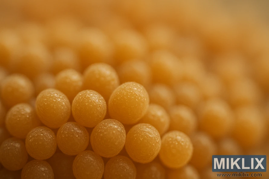 A close-up image of wet, active brewers yeast cells under high magnification, shot with a macro lens. The yeast appears as a dense cluster of spherical, light-refracting bodies in the foreground, their surfaces glistening with moisture. The middle ground is slightly blurred, creating a sense of depth, while the background is a soft, out-of-focus gradient of complementary hues, like shades of tan and ochre. The lighting is soft and even, accentuating the texture and sheen of the yeast cells. The overall mood is one of scientific curiosity and the beauty of microscopic biology, conveying the importance of yeast to the beer fermentation process.