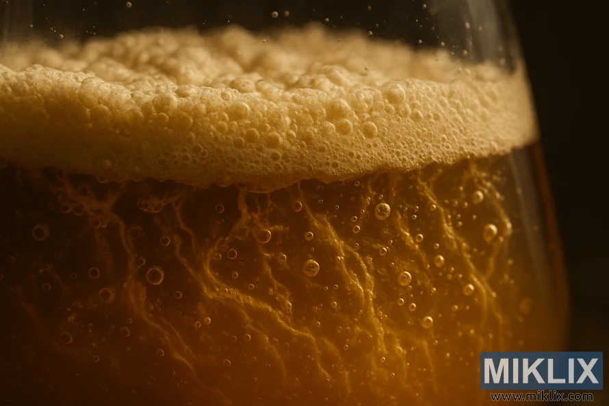 A close-up view of Belgian ale yeast cells actively fermenting in a glass container. The yeast forms a dense, creamy layer at the top, with swirling bubbles and streams of carbon dioxide rising through the cloudy liquid. The container is illuminated from the side, casting dramatic shadows and highlights that accentuate the texture and movement of the fermenting yeast. The background is blurred, creating a sense of focus and depth. The overall mood is one of scientific observation and the underlying processes of beer brewing.