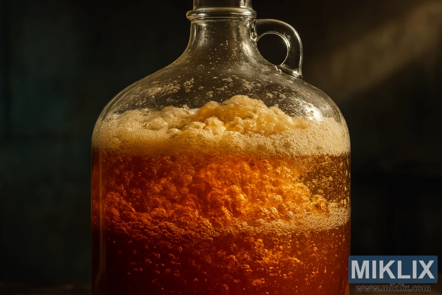 A close-up view of a glass carboy or fermenting vessel, filled with a turbulent, foamy liquid in various shades of amber and gold. Tiny bubbles continuously rise to the surface, creating a lively, effervescent display. The vessel is illuminated from the side, casting dramatic shadows and highlights that emphasize the dynamic process of fermentation. The background is slightly out of focus, creating a sense of depth and drawing the viewer's attention to the central action. The overall mood is one of scientific curiosity and the artistry of the brewing process.