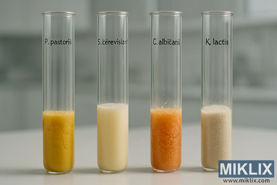 A laboratory setting with multiple test tubes or beakers, each containing a different yeast strain. The strains are visually distinct, with varied colors, textures, and growth patterns. Bright, even lighting illuminates the samples, casting subtle shadows. The camera is positioned to provide a detailed, close-up view, capturing the nuanced differences between the yeast strains. A clean, sterile aesthetic with minimalist background elements to keep the focus on the yeast comparison. Convey a sense of scientific inquiry and attention to detail, reflecting the technical nature of the subject matter.