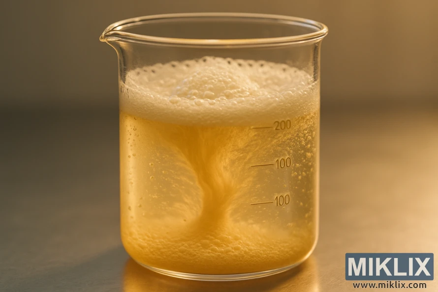 A clear glass beaker filled with a swirling, foamy mixture of rehydrating yeast cells. The liquid has a pale golden hue, and tiny bubbles rise from the bottom, indicating the active fermentation process. The beaker is backlit, casting a warm, inviting glow that highlights the dynamic movement within. The camera angle is slightly elevated, providing a detailed, up-close view of the rehydration in progress. The scene conveys a sense of scientific precision and the excitement of witnessing the first stages of beer fermentation.