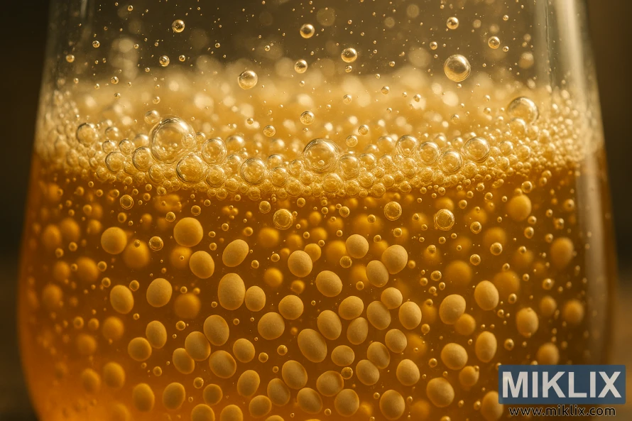 A close-up view of beer yeast undergoing active fermentation within a transparent glass vessel. The yeast cells are visibly multiplying and releasing carbon dioxide bubbles, creating a lively, effervescent appearance. The liquid has a golden hue, reflecting the warm lighting from a soft, diffused source above. The background is slightly blurred, emphasizing the dynamic, microscopic process taking place in the foreground. The scene conveys the scientific and organic nature of the Lallemand LalBrew Abbaye yeast fermentation, a critical step in crafting flavorful, artisanal beer.
