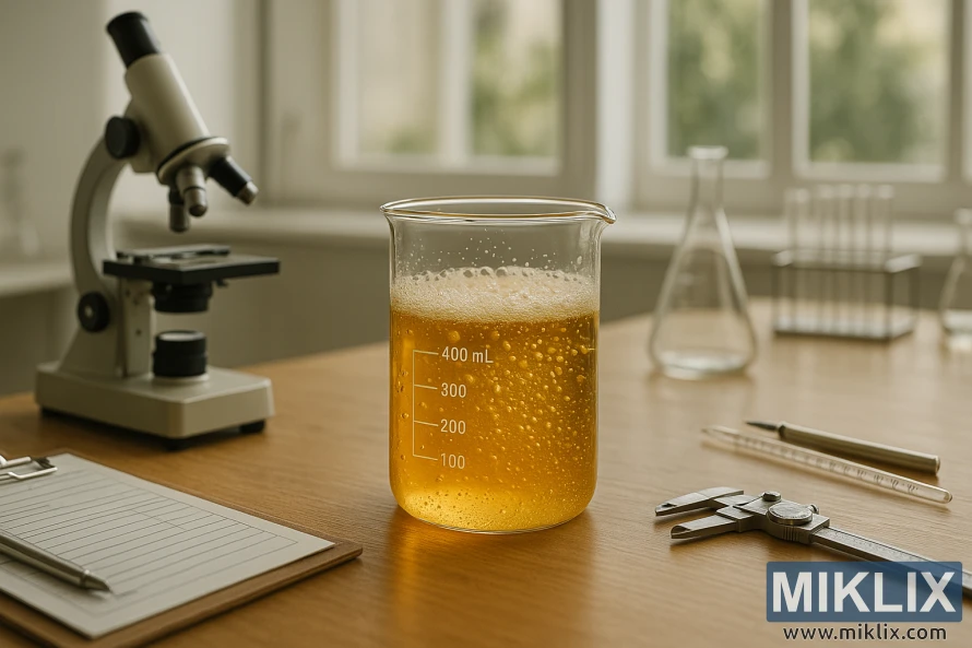A serene, well-lit laboratory setting. On a wooden table, a glass beaker filled with a bubbling, golden liquid, representing the optimal fermentation temperature for Lallemand LalBrew Abbaye yeast. Surrounding the beaker, scientific instruments and equipment evoke the precision and care required for successful beer fermentation. Soft natural lighting filters through large windows, casting a warm glow on the scene. The overall atmosphere conveys the delicate balance and scientific expertise needed to create the perfect conditions for this specialty yeast to thrive.