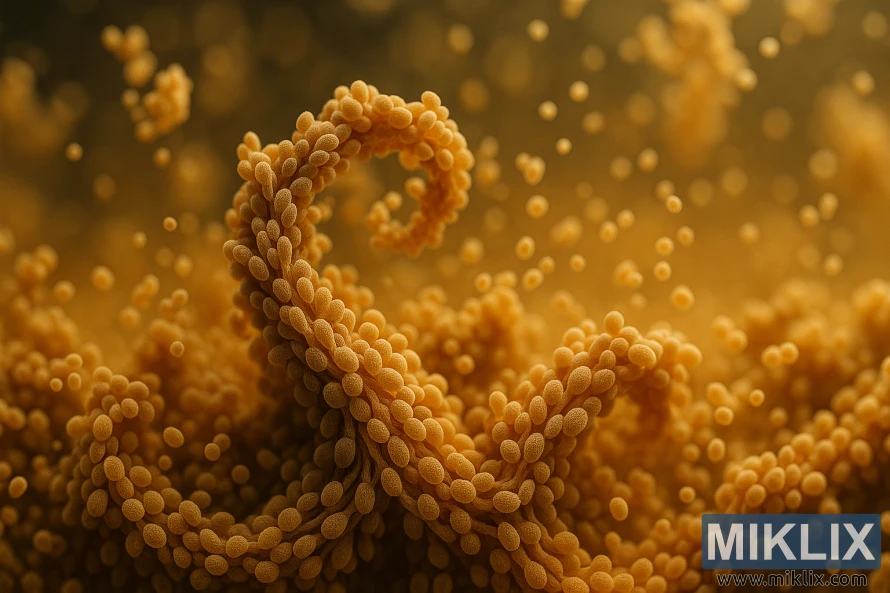 A swirling, intricate pattern of yeast cells undergoing flocculation, captured in stunning detail. The foreground showcases the clumping and aggregation of the Lallemand LalBrew Abbaye yeast, their cell walls intertwined in a delicate dance. The middle ground reveals the dynamic process, with individual yeast cells coalescing into larger, denser clusters. The background is softly blurred, emphasizing the mesmerizing focus on the flocculation phenomenon. Warm, golden lighting casts a natural glow, lending an organic and inviting atmosphere. Captured through a macro lens, the image conveys the technical precision and beauty inherent in this crucial stage of beer fermentation.
