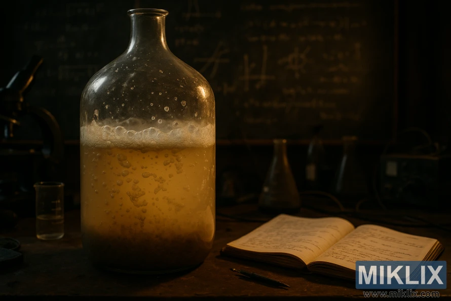 A dimly lit laboratory setting, with scientific instruments and fermentation equipment scattered across a cluttered workbench. In the foreground, a glass carboy filled with a cloudy, bubbling liquid represents the troublesome fermentation process. Beams of warm, amber lighting cast dramatic shadows, creating an atmosphere of contemplation and troubleshooting. In the middle ground, a hand-written notebook lies open, its pages filled with scribbled notes and observations. The background features a chalkboard covered in equations and diagrams, hinting at the technical complexity of the fermentation challenges being addressed. The overall scene conveys a sense of scientific investigation and the pursuit of solutions to overcome the issues at hand.