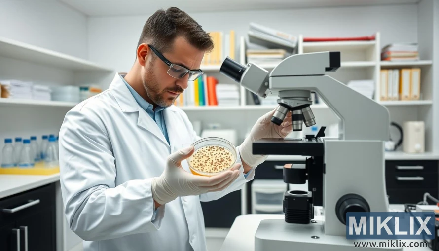 A clean, well-lit laboratory setting. In the foreground, a microbiologist in a white lab coat carefully examining a petri dish under a high-powered microscope. The dish contains a sample of active yeast culture, with individual cells visible at a microscopic level. In the middle ground, lab equipment such as pipettes, test tubes, and an incubator provide a sense of the scientific process. The background features shelves of reference materials, scientific journals, and analytical instruments, conveying the rigorous quality control measures applied to the yeast used in the beer fermentation process. Crisp, even lighting illuminates the scene, creating a professional, clinical atmosphere.