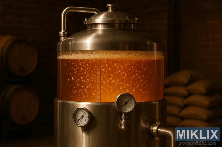 A stainless steel fermentation tank stands prominently, its sleek cylindrical form bathed in warm, golden lighting. Bubbles rise and dance through the translucent amber liquid, conveying the active, lively fermentation process within. The tank's pressure gauge and thermometer provide a sense of scientific precision, while the surrounding environment evokes the cozy, industrial ambiance of a craft brewery. Wooden barrels and stacks of malt sacks in the background suggest the broader context of beer production. The overall scene captures the dynamic, controlled nature of the fermentation performance, hinting at the care and craftsmanship involved in cultivating the perfect brew.