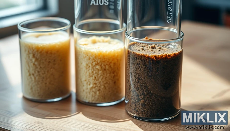 A close-up shot of four glass beakers filled with different types of ale yeast, neatly arranged on a wooden table. The yeasts range in color from pale golden to dark brown, with visible differences in texture and granularity. Soft, natural lighting from the side casts subtle shadows, highlighting the unique characteristics of each strain. The scene conveys a sense of scientific inquiry and comparison, inviting the viewer to closely examine the nuances between the various ale yeast samples.