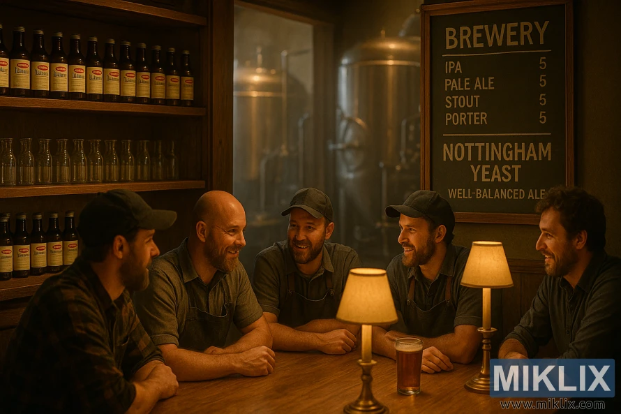 A cozy, dimly lit brewpub interior with a wooden bar and shelves lined with bottles of Lallemand LalBrew Nottingham yeast. In the foreground, a group of professional brewers are gathered, engaged in lively discussion, their faces lit by the warm glow of table lamps. The middle ground features a chalkboard menu showcasing the brewery's selection, including a prominent feature for the Nottingham yeast. In the background, a hazy view of brewing equipment and tanks, hinting at the process behind the product. The scene conveys a sense of camaraderie, expertise, and passion for the craft of brewing.