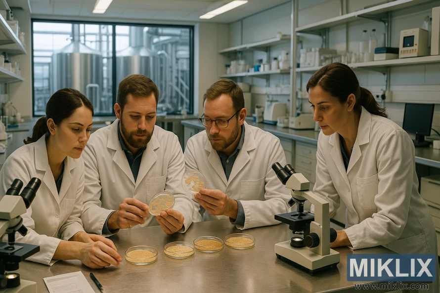 A laboratory setting with stainless steel benches and shelves, well-lit by bright overhead lighting. In the foreground, a group of microbiologists in white lab coats are carefully examining a series of petri dishes, scrutinizing the growth and morphology of yeast colonies. The middle ground features an array of scientific instruments and equipment, including microscopes, pipettes, and analytical instruments. In the background, a large window overlooks a bustling brewery, with tanks and piping visible. The overall atmosphere conveys a sense of meticulous attention to detail and quality control, essential for ensuring the consistency and reliability of the Lallemand LalBrew Nottingham yeast used in the beer fermentation process.