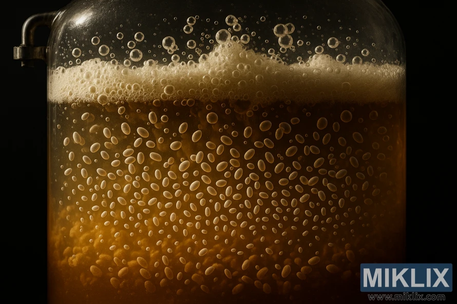 A cross-section view of an active fermentation vessel, filled with a cloudy, turbulent liquid representing fermenting beer, with Lallemand LalBrew Verdant IPA yeast cells visibly multiplying and producing CO2 bubbles, the vessel lit from the side to create dramatic shadows and highlights, showcasing the dynamic process of IPA beer fermentation in a realistic and scientific manner.