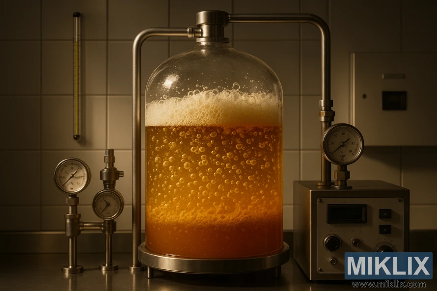 A well-lit laboratory interior, with a focus on a large, transparent fermentation vessel filled with a bubbling, golden-hued liquid. The vessel is surrounded by scientific equipment, such as thermometers, pressure gauges, and control panels, all hinting at the precise monitoring required for optimal beer fermentation. The background features sleek, modern-looking walls and surfaces, conveying a sense of technological sophistication. Warm, directional lighting casts subtle shadows, emphasizing the dynamic nature of the fermentation process. The overall scene exudes a balance of scientific rigor and artisanal craftsmanship.