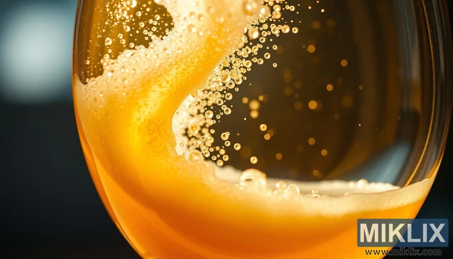 A swirling vortex of bubbles and foam, signaling the active fermentation of a craft beer, brewed with the distinctive Lallemand LalBrew Voss Kveik yeast. The glass vessel, illuminated by warm, natural lighting, showcases the dynamic dance of carbonation, as tiny effervescent streams rise through the golden, hazy liquid. Visible within the fluid, the hardy, adaptable Kveik yeast strain thrives, converting sugars into alcohol and imparting its signature tropical, citrus-forward aroma. The scene captures the essence of this unique Norwegian farmhouse yeast, and its ability to ferment beer with exceptional speed and character.