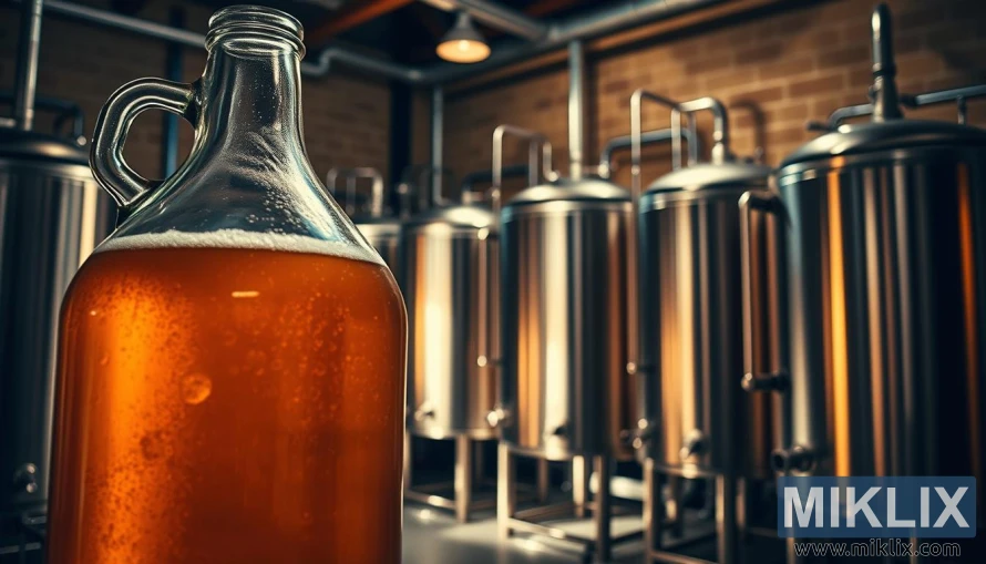 A brewhouse interior with an assortment of fermentation vessels, each brimming with a vibrant, bubbly brew. In the foreground, a glass carboy filled with a golden-hued liquid, its surface gently swirling. In the middle ground, a row of gleaming stainless steel tanks, their lids open to reveal the active fermentation within. The background is bathed in a warm, ambient lighting, casting a cozy, inviting atmosphere. Shadows play across the surfaces, highlighting the textures and shapes of the equipment. The scene conveys the process and versatility of brewing with Lallemand LalBrew Voss Kveik yeast, showcasing its compatibility with a wide range of beer styles.
