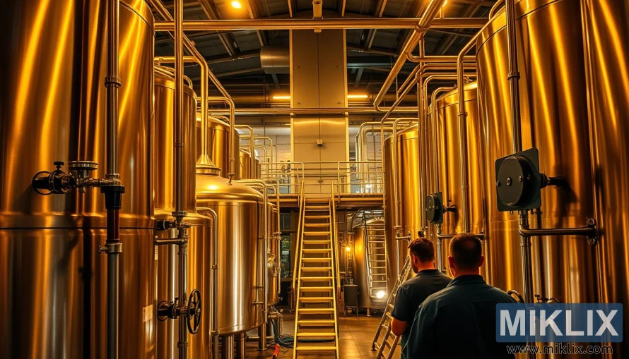 A state-of-the-art commercial brewery, bathed in warm, golden lighting that illuminates the gleaming steel fermentation tanks. In the foreground, workers monitor the fermentation process, their faces focused and intent. The middle ground features a network of intricate piping, valves, and gauges, reflecting the precision and complexity of the brewing operation. In the background, the brewery's exterior stands tall, its façade a harmonious blend of modern and industrial elements. The overall atmosphere conveys a sense of expertise, efficiency, and the art of crafting exceptional beer.