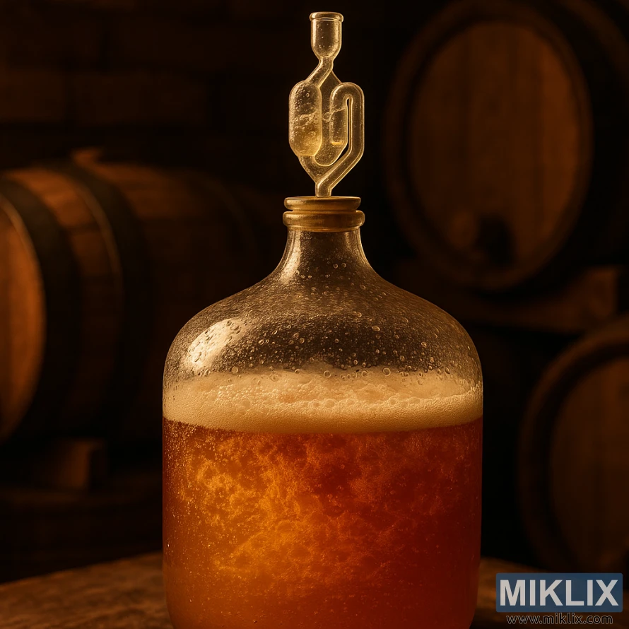 A glass carboy filled with a bubbly, fermenting beer, bathed in warm, amber lighting. Yeast colonies visibly active, creating a gentle swirling motion. Droplets of condensation cling to the glass, reflecting the effervescent liquid. The airlock gently bubbles, indicating a healthy, ongoing fermentation process. Wooden barrels and casks in the background, hinting at the traditional methods used to create this Saison-style beer. A sense of artisanal craftsmanship and care pervades the scene, as the Lallemand LalBrew Belle Saison yeast transforms the wort into a flavorful, complex brew.