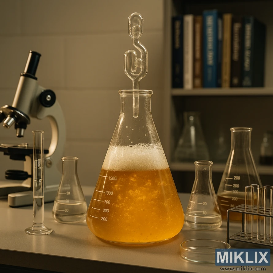 A laboratory setting with various scientific equipment and glassware arranged in the foreground, showcasing the different stages of the fermentation process. In the middle ground, a clear glass vessel containing a bubbling, golden liquid, representing the active fermentation phase. The background features a bookshelf with reference materials on brewing and microbiology, creating a scholarly atmosphere. Warm, directional lighting casts subtle shadows, emphasizing the textures and details of the equipment. The overall composition conveys a sense of scientific precision and expertise in managing the fermentation phases.