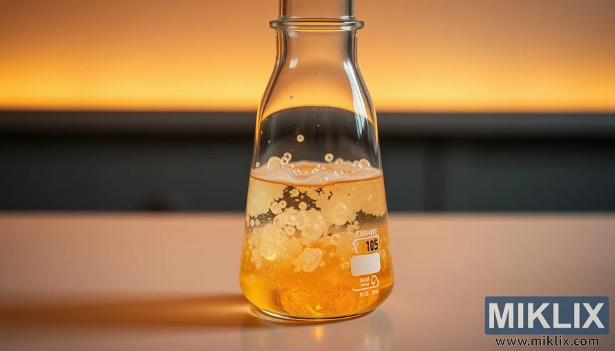 A transparent laboratory flask filled with a bubbly, effervescent liquid, representing active yeast fermentation. The liquid swirls and churns, illuminated by a warm, golden light that creates a cozy, inviting atmosphere. The flask is positioned on a sleek, minimalist table, with a neutral background that allows the dynamic fermentation process to take center stage. The scene conveys a sense of scientific precision and controlled experimentation, perfectly suited to illustrate the technical specifications and characteristics of the Mangrove Jack's M15 Empire Ale Yeast.