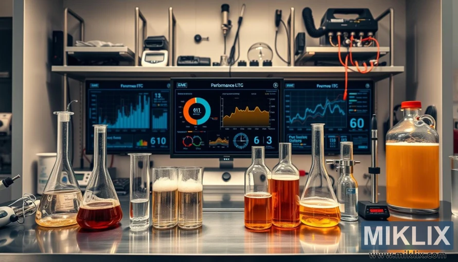 A neatly organized laboratory setting, with various scientific instruments and equipment arranged on a sleek, stainless steel workbench. In the foreground, a series of glass beakers and Erlenmeyer flasks contain samples of fermenting liquid, their contents bubbling and frothing under the warm glow of task lighting. In the middle ground, a high-resolution digital display showcases detailed performance metrics, charts, and graphs, analyzing the chemical and environmental parameters of the brewing process. The background is bathed in a soft, diffused lighting, highlighting the orderly arrangement of shelves, probes, and other specialized tools of the trade. The overall atmosphere conveys a sense of precision, experimentation, and a dedication to understanding the nuances of the fermentation conditions.