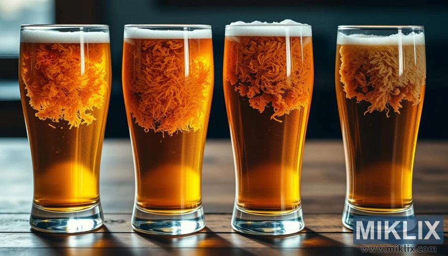 A close-up still life of four beer glasses filled with various ale yeast strains, placed on a wooden table. The glasses are illuminated by soft, warm lighting, casting subtle shadows. The yeast cultures are clearly visible, each with a distinct color and texture, allowing for a detailed comparison. The background is slightly blurred, keeping the focus on the foreground elements. The composition is balanced and aesthetically pleasing, conveying a sense of scientific study and appreciation for the nuances of different ale yeast varieties.