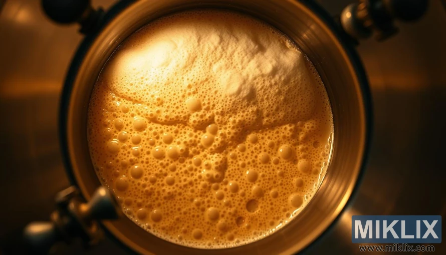 A fermentation process of beer, a close-up view of the inside of a large stainless steel fermentation tank, filled with a bubbling, yeast-filled liquid, with a layer of froth and foam on the surface, the tank's cylindrical walls and metal fittings visible, soft warm lighting illuminating the scene, creating a mellow, industrial atmosphere, the focus is on the dynamic, active fermentation taking place, capturing the essential stages of the beer-making process using Mangrove Jack's M42 New World Strong Ale Yeast.