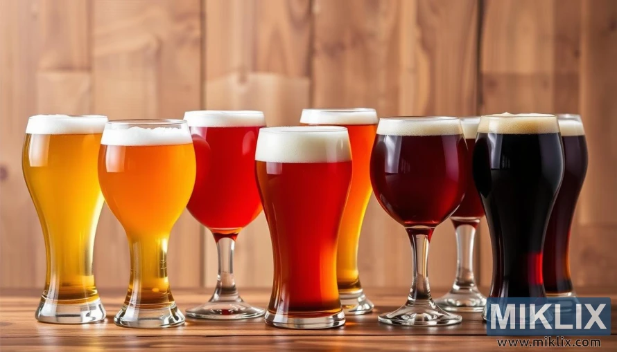 A neatly arranged composition showcasing a variety of beer glasses filled with diverse beer styles, against a backdrop of a wooden table. The glasses display a range of golden, amber, and ruby hues, each representing a different beer style suitable for the Mangrove Jack's M42 New World Strong Ale Yeast. Soft, diffused lighting from above casts warm, inviting shadows, emphasizing the alluring colors and textures of the beers. The scene evokes a sense of artisanal craftsmanship and the joy of homebrewing.