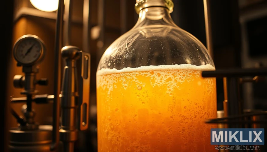 A fermentation process of beer, seen from a close-up perspective, with a glass carboy filled with a bubbling, golden liquid, surrounded by various brewing equipment such as an airlock, thermometer, and stainless steel tools. The scene is illuminated by a warm, soft light, creating a cozy, focused atmosphere that highlights the intricate details of the fermentation process. The background is slightly blurred, emphasizing the central focus on the fermentation vessel and the active, living nature of the yeast at work, creating the distinctive flavors and aromas of the Mangrove Jack's M44 US West Coast Yeast.