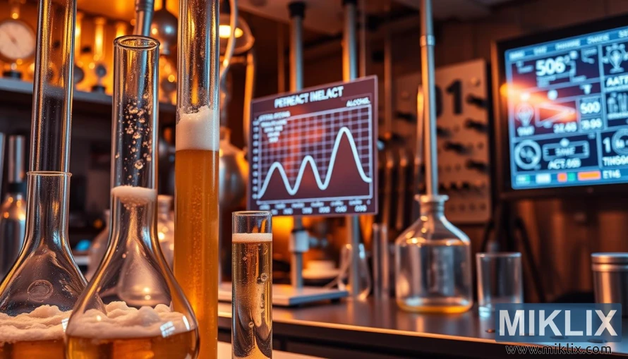 A laboratory setting with scientific equipment and glassware, illuminated by warm lighting. In the foreground, a series of clear beakers or test tubes filled with a bubbling, fermenting liquid, showcasing the active yeast performance. The middle ground displays a graph or chart visualizing key metrics such as attenuation, flocculation, and alcohol content. In the background, a sleek, modern control panel or digital display provides additional technical data. The overall atmosphere conveys a sense of precision, experimentation, and the technical expertise involved in optimizing yeast performance for beer fermentation.