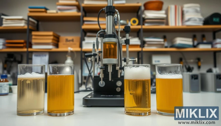 A laboratory setting with an array of beer fermentation samples, each showcasing a different West Coast yeast strain. The foreground features clear glass beakers filled with various stages of active fermentation, bubbles rising to the surface. In the middle ground, a scientific-looking apparatus with precise measurement tools, highlighting the analytical nature of the experiment. The background depicts shelves of reference materials and brewing equipment, conveying a sense of professional-grade research. Soft, even lighting illuminates the scene, creating a clinical yet inviting atmosphere. The overall composition emphasizes the comparative analysis of these distinct yeast cultures and their impact on the beer's flavor profile.