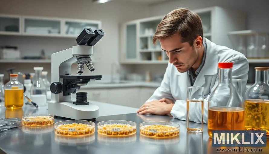 A well-lit laboratory workspace, with a microscope prominently displayed on a clean, stainless-steel counter. Petri dishes containing various yeast samples are arranged neatly, each labeled and examined under the focused lens. A scientist, dressed in a crisp, white lab coat, peers intently through the eyepiece, brow furrowed in concentration as they troubleshoot the subtle intricacies of the fermenting yeast. Beakers and test tubes filled with vibrant, bubbly solutions stand as testament to the ongoing experimentation. The room's neutral tones and precise organization convey a sense of meticulous analysis, essential for understanding the complexities of this crucial beer-brewing ingredient.